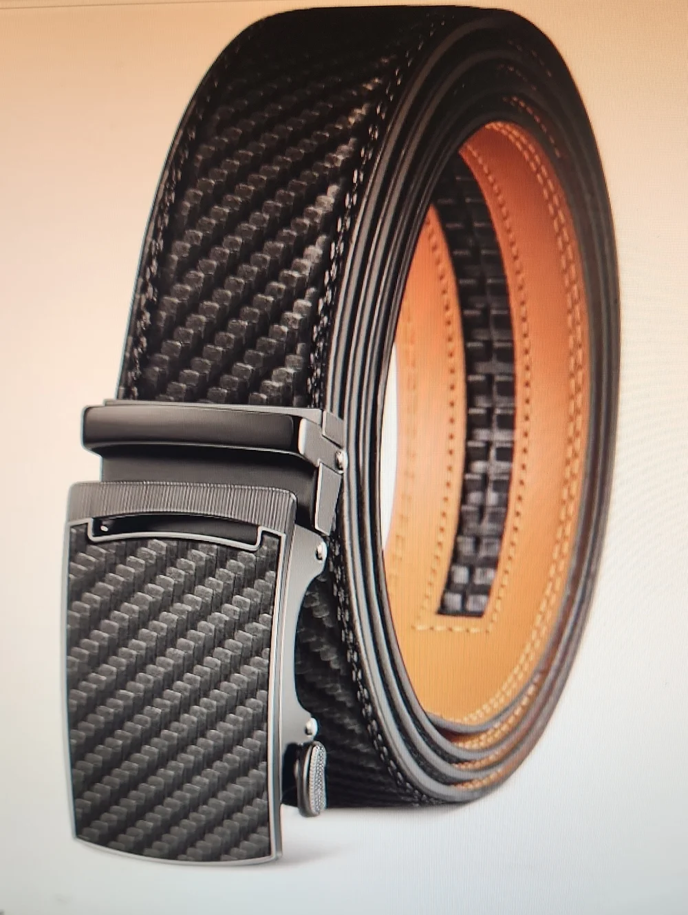 Black Carbon-Texture Men's Leather Belt with Automatic Buckle NEW IN BOX 34W